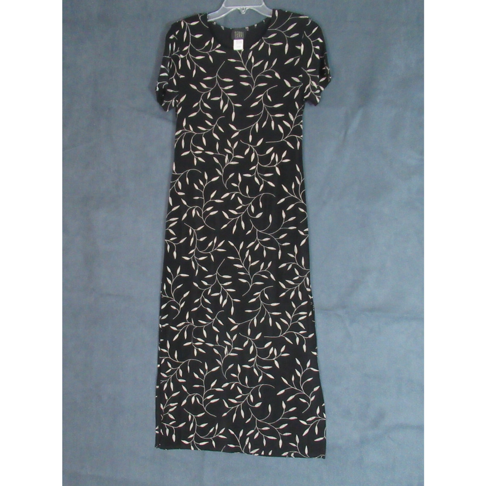 Vintage Teddi Dresses Womens Size 8P Black Floral Short Sleeve Modest 90s Y2K